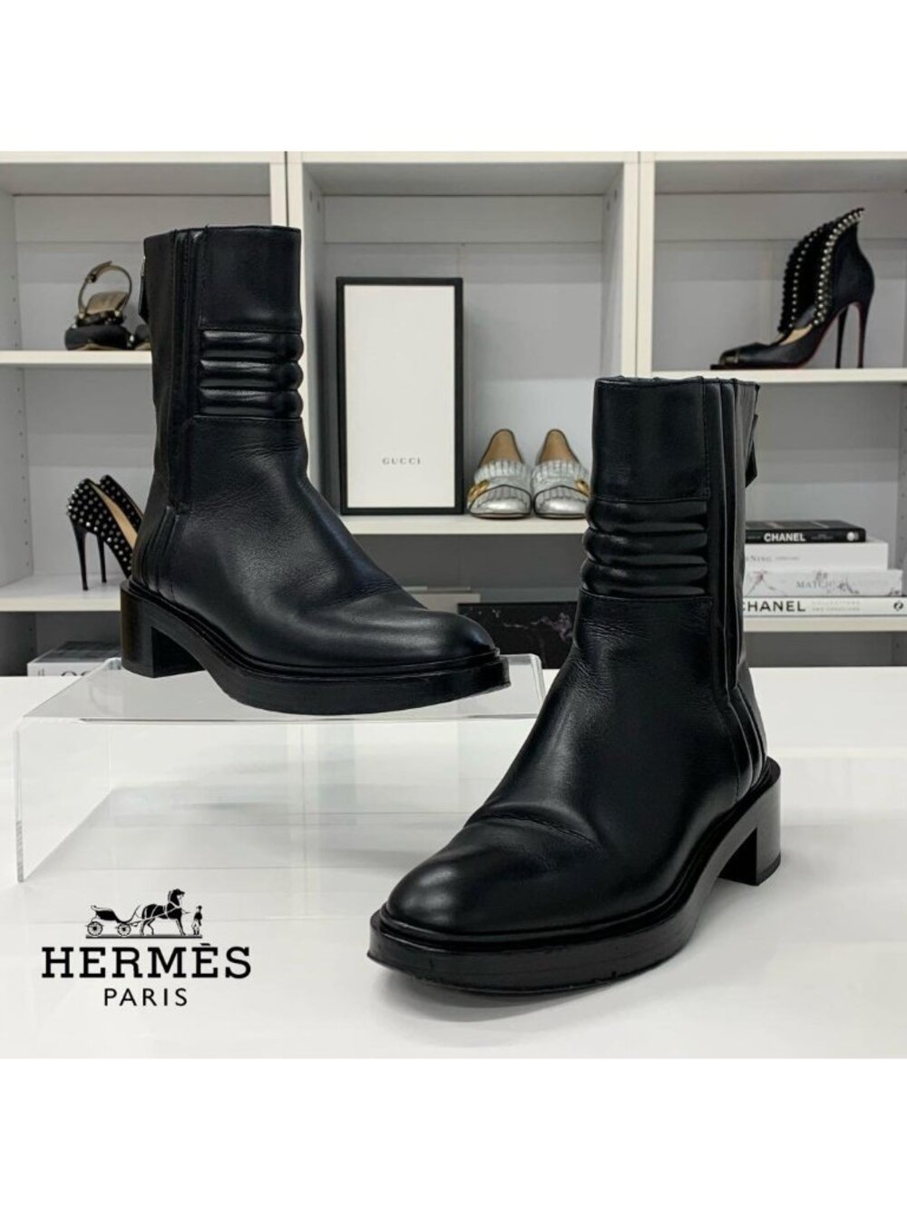 Hermes Harper Leather Short Boots Black